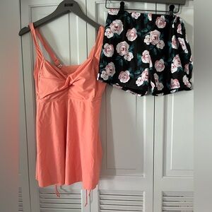 Peach Tankini Top and Floral Swim Shorts
